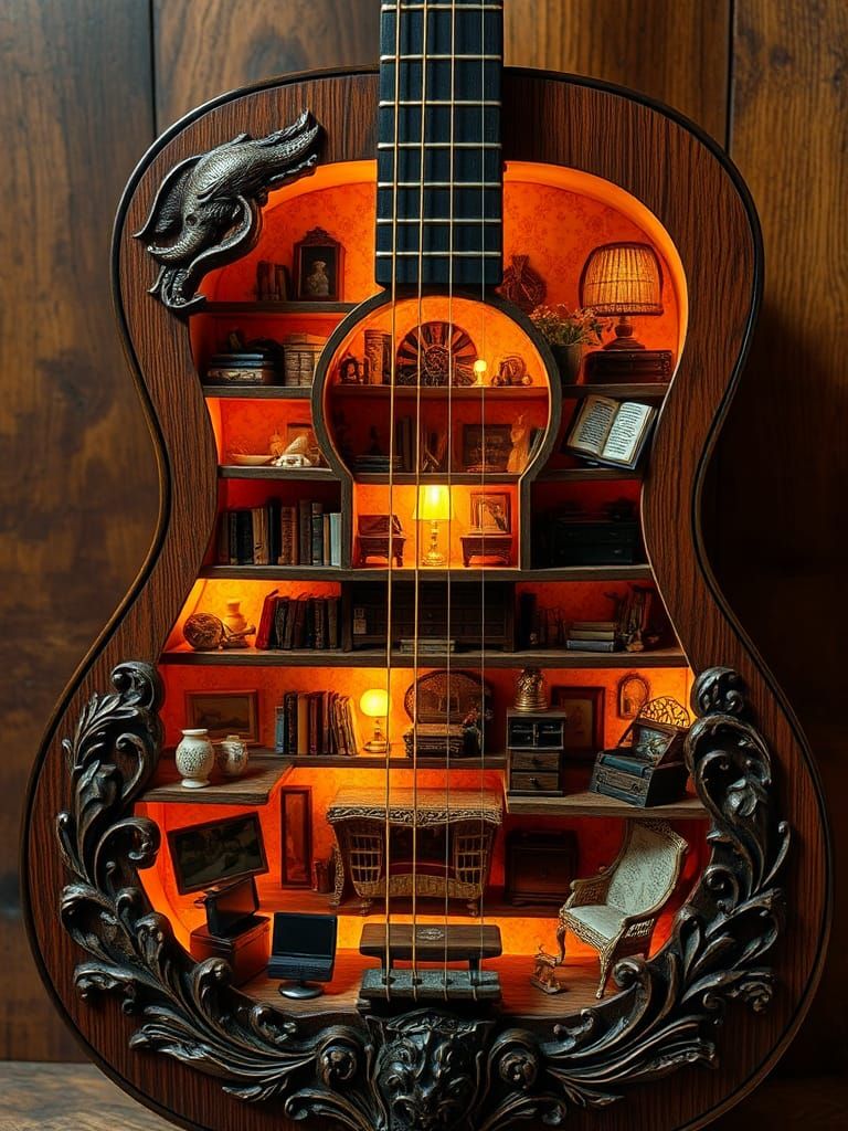 Miniature World Inside Carved Vintage Guitar