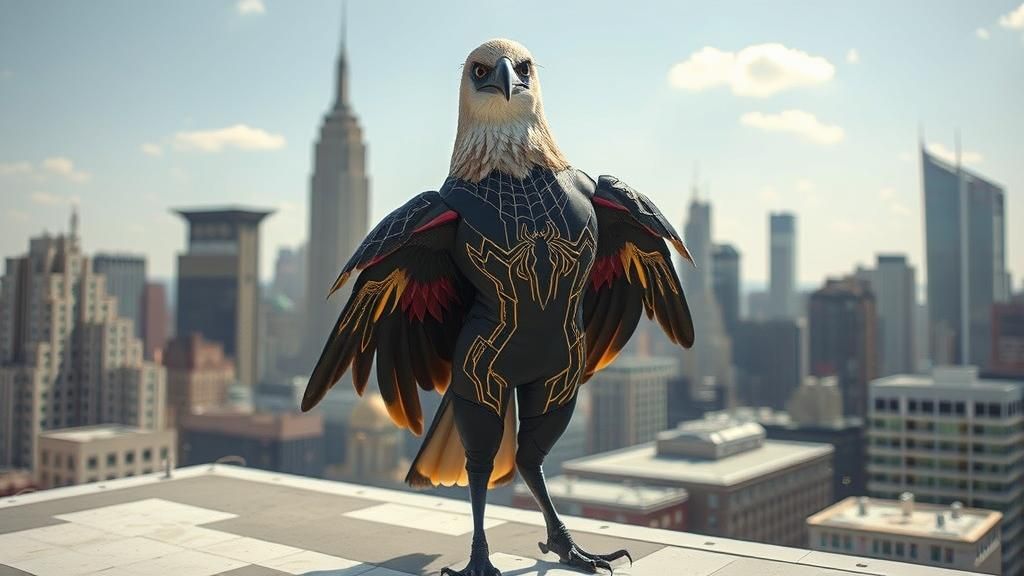 Bird Superhero Overlooking City Skyline