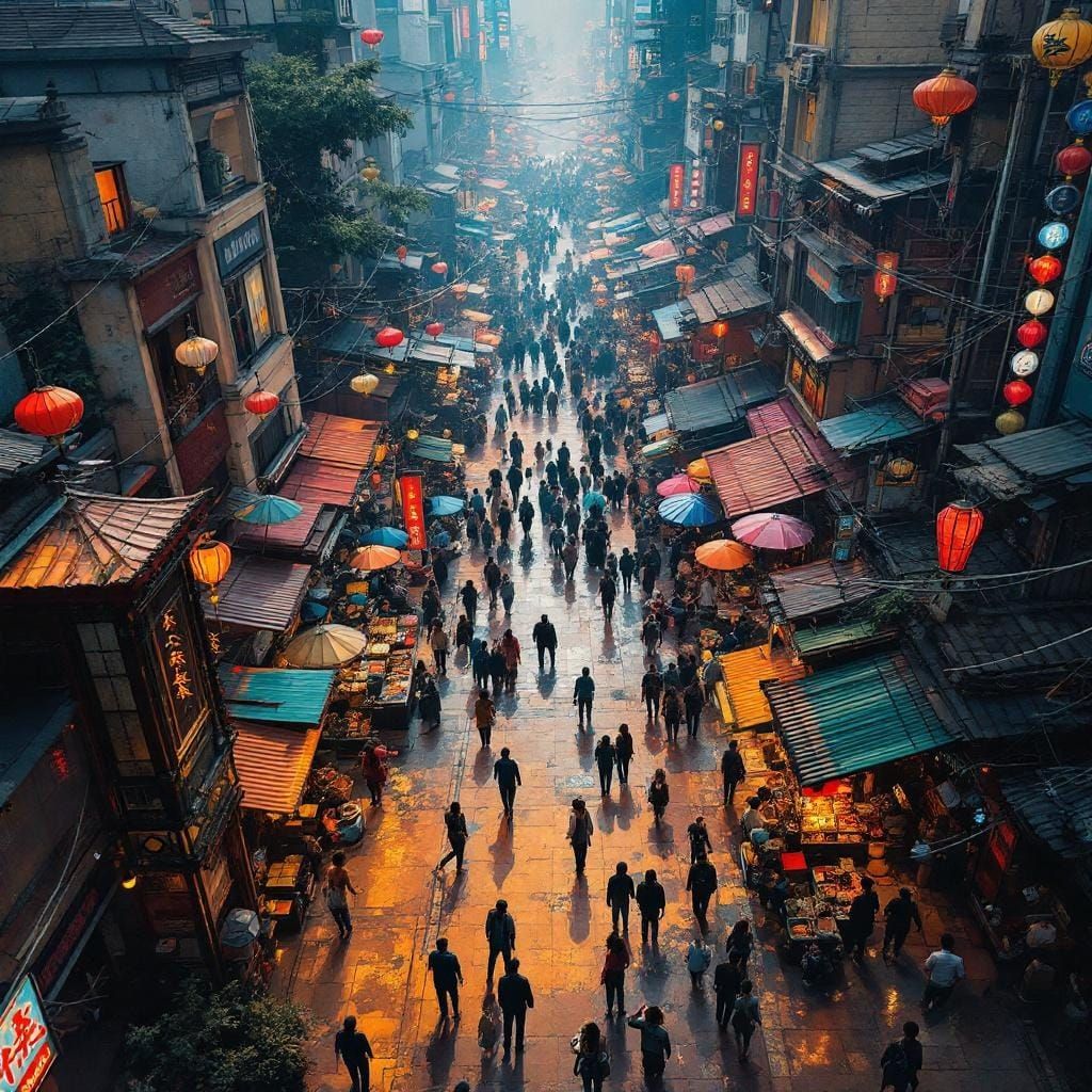 Vibrant 8K Bird's Eye View of a Bustling Marketplace