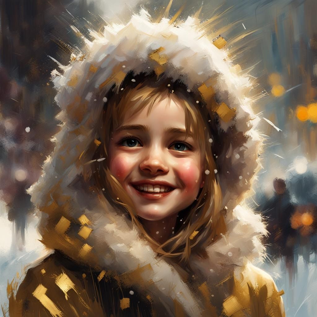Smiling Girl Portrait with Gold Paint Strokes