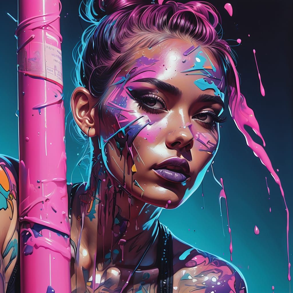 Tattooed Dancer on Pole in Neon Cyberpunk Style