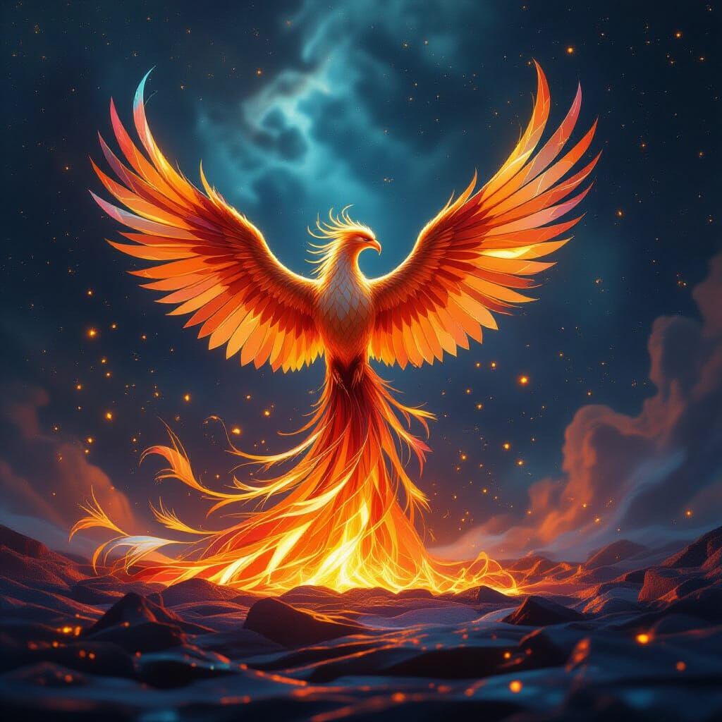 Majestic Glass Phoenix Rises from Molten Glass Nebula