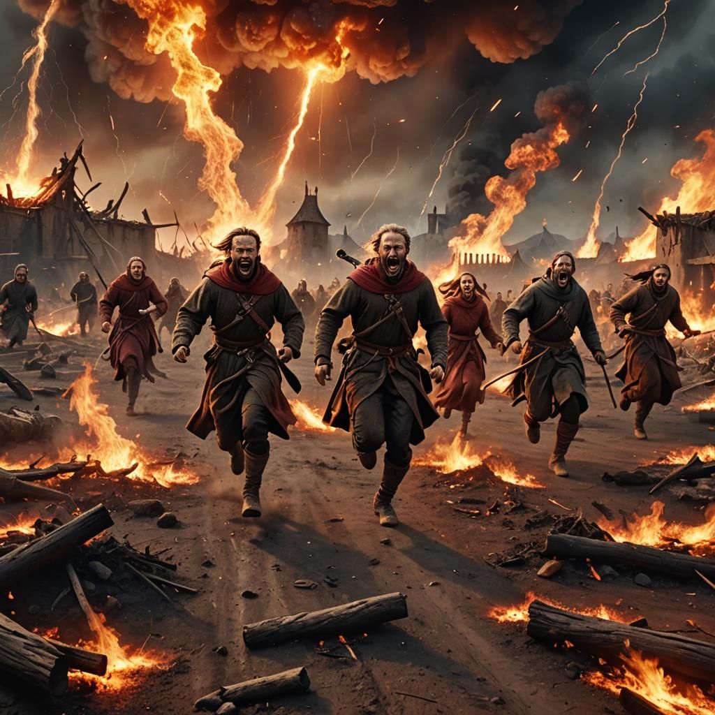 Medieval Villagers Fleeing Meteor Strike: Digital Matte Pain...