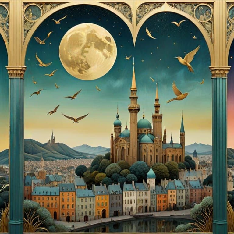 Vertical triptych of a beautiful fantasy landscape of a city scape, blended with minimalist stylized birds and moon in t...