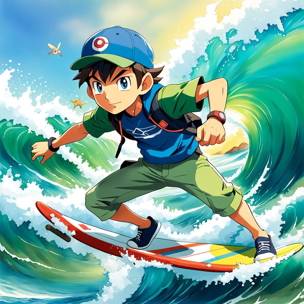 Anime Pokémon Trainer Surfing in Manga Style