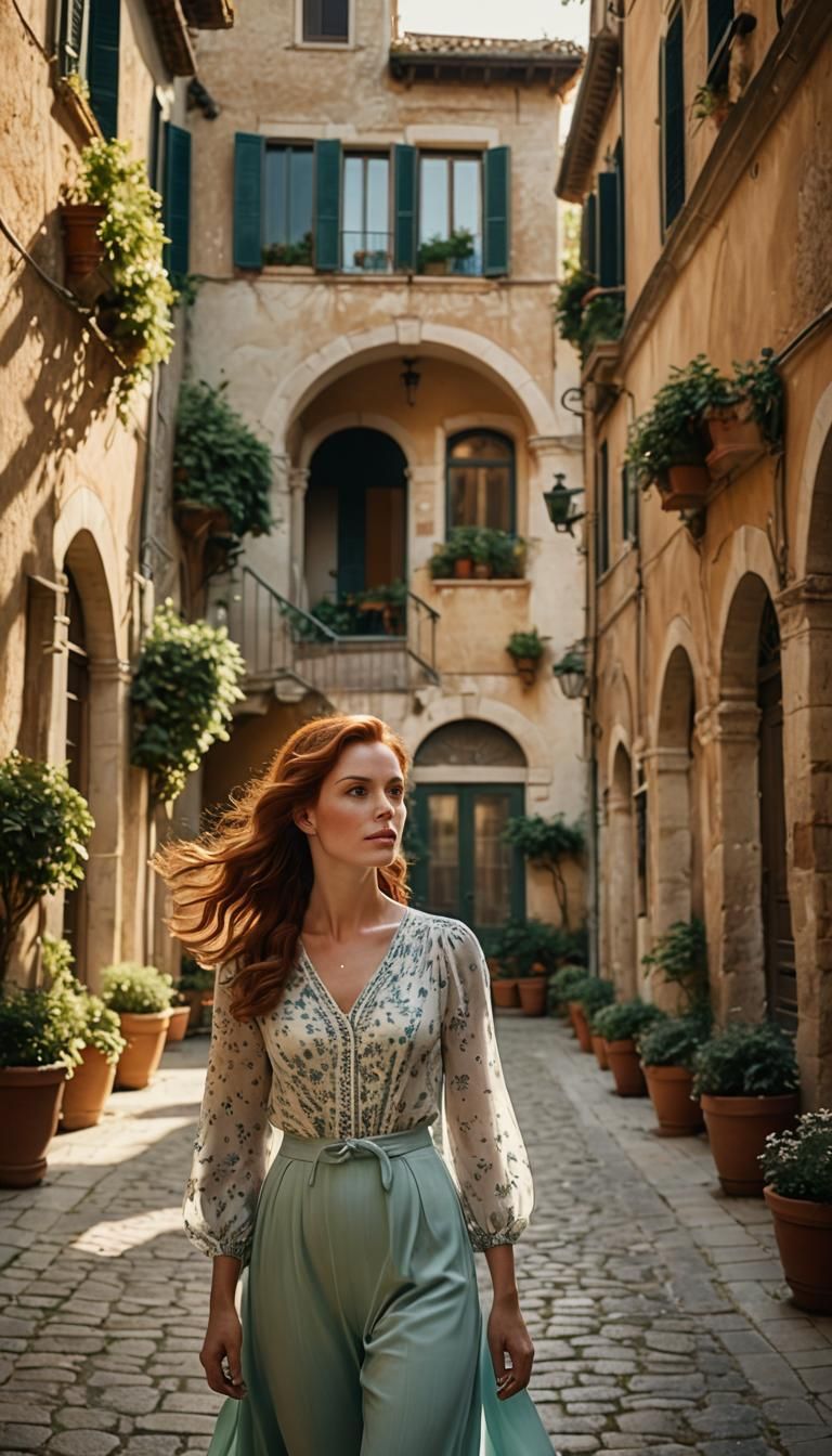 Auburn-Haired Woman Strolls Through Italian Courtyard