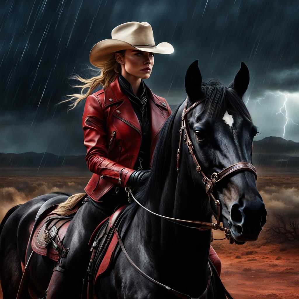 Woman on Stallion in Desert Lightning, Digital Painting