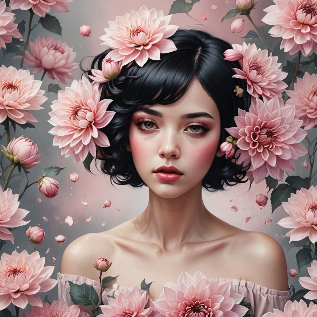 Woman in Dahlias: Surreal Digital Illustration