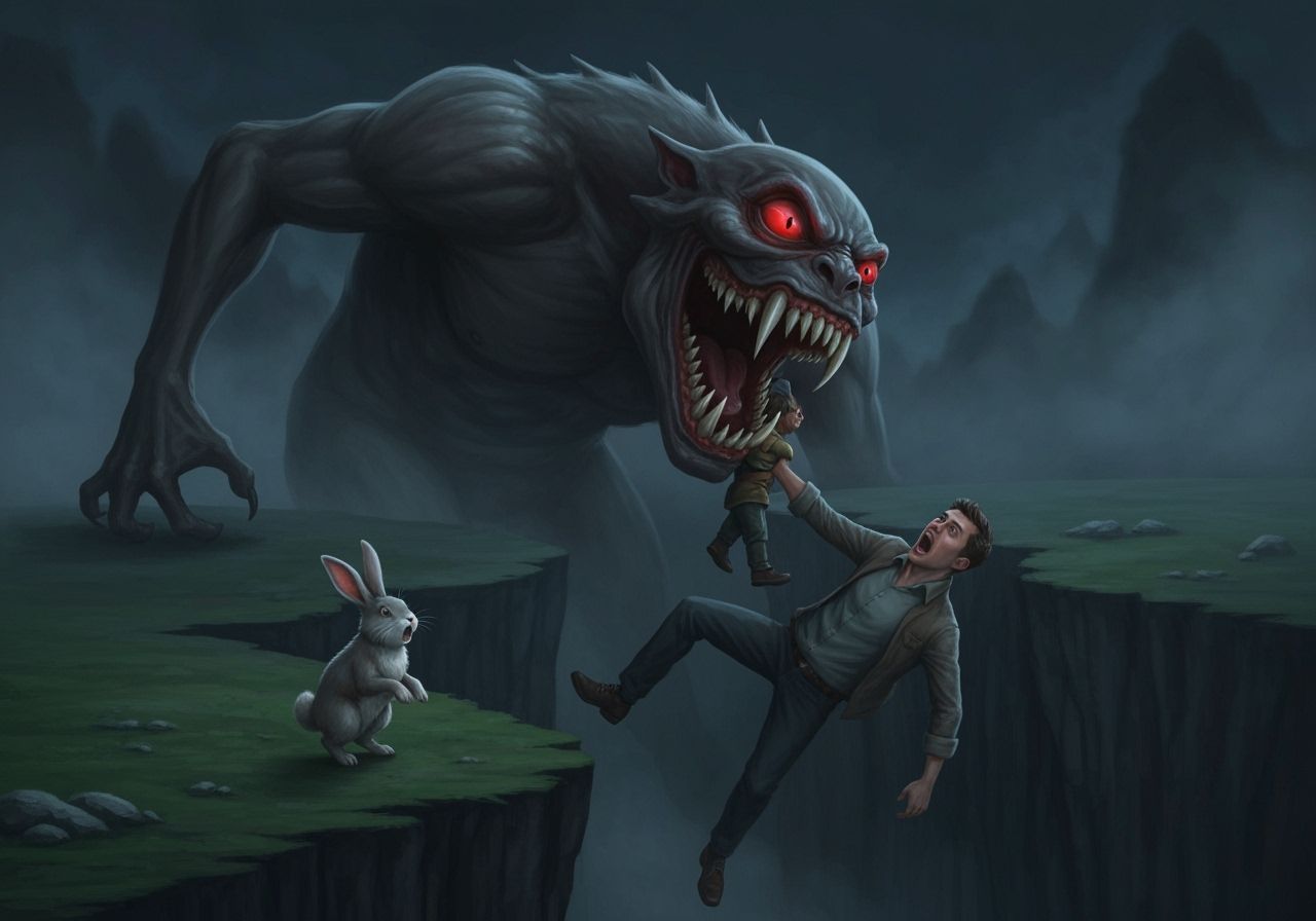 Red-Eyed Wendigo Abduction in Dark Chasm