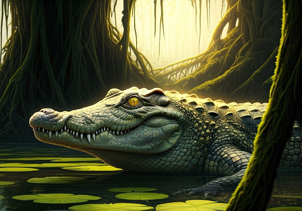 Hyperrealistic Crocodile Lurking in a Colorful Swamp