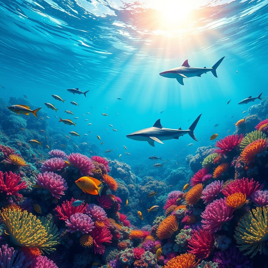 Iridescent Coral Reef Scene in Dreamlike Style