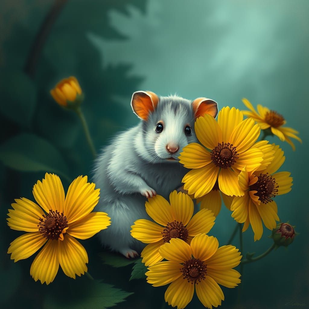 Hamster in Whimsical Garden with Yellow Cosmos Flowers in Pa...