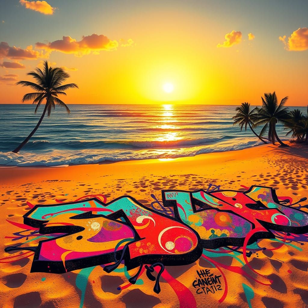 Vibrant Beach Sunset with Dynamic Graffiti Mural