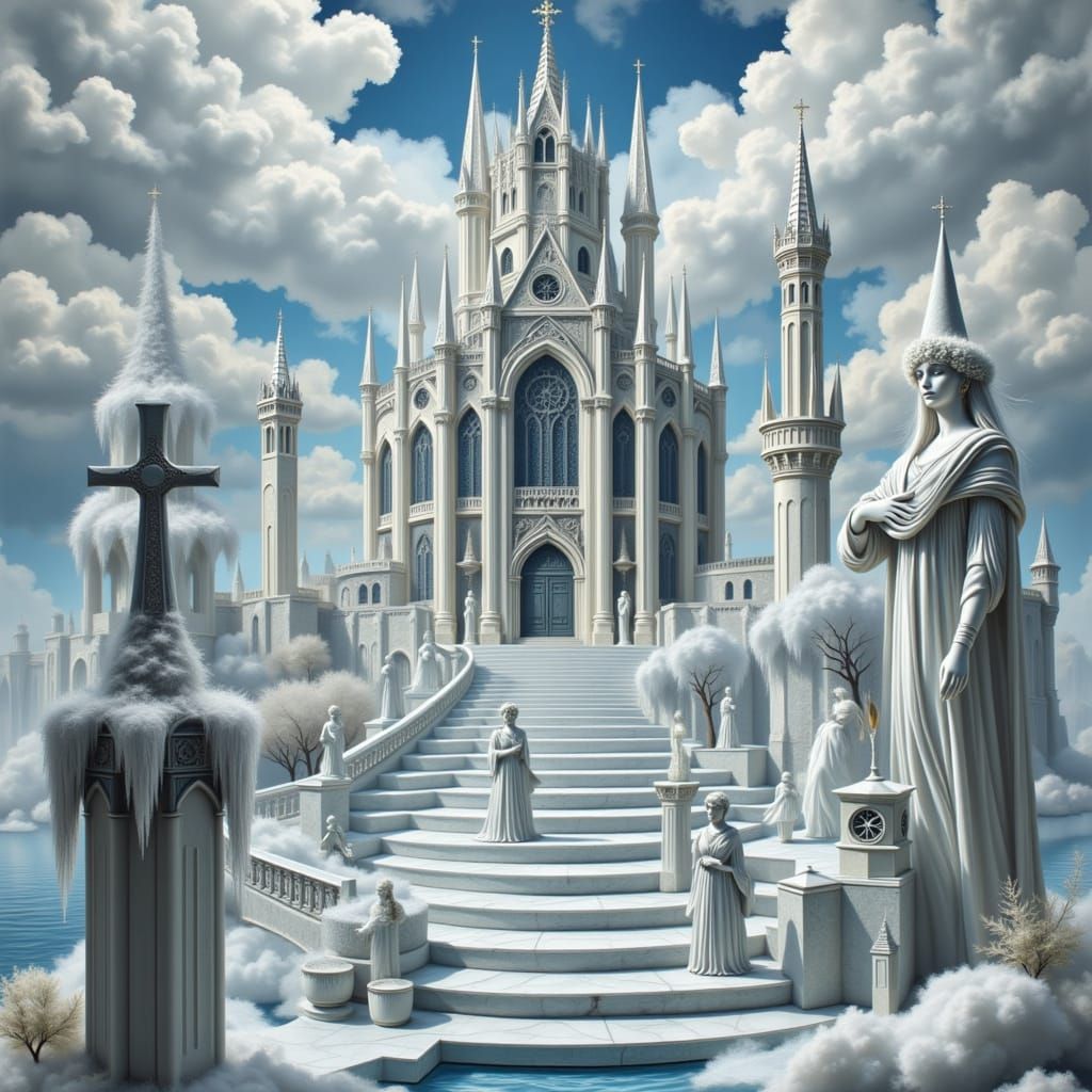 Floating Silver Castle with Sweeping Staircase in Art Nouvea...