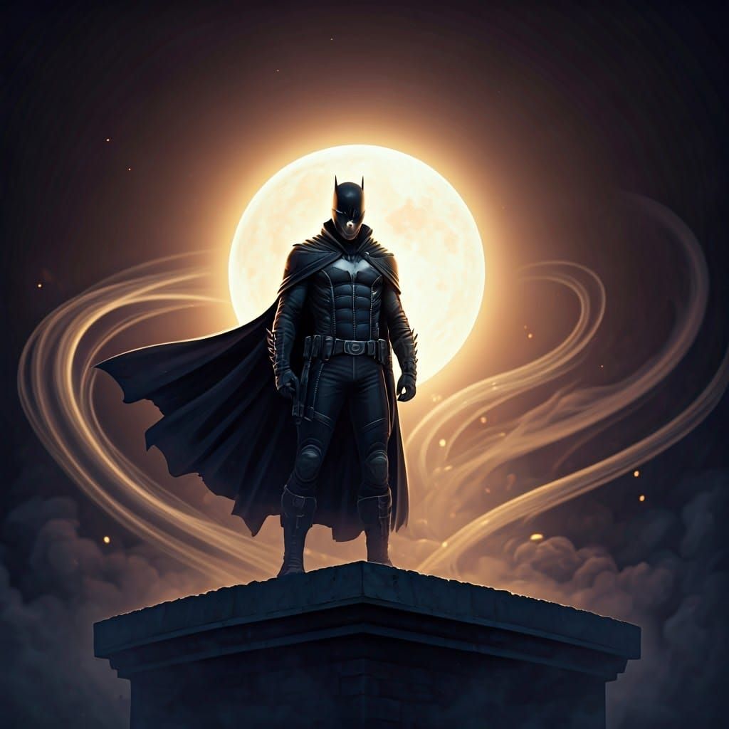 Mysterious Comic Book Hero in a Dreamlike, Moonlit Landscape