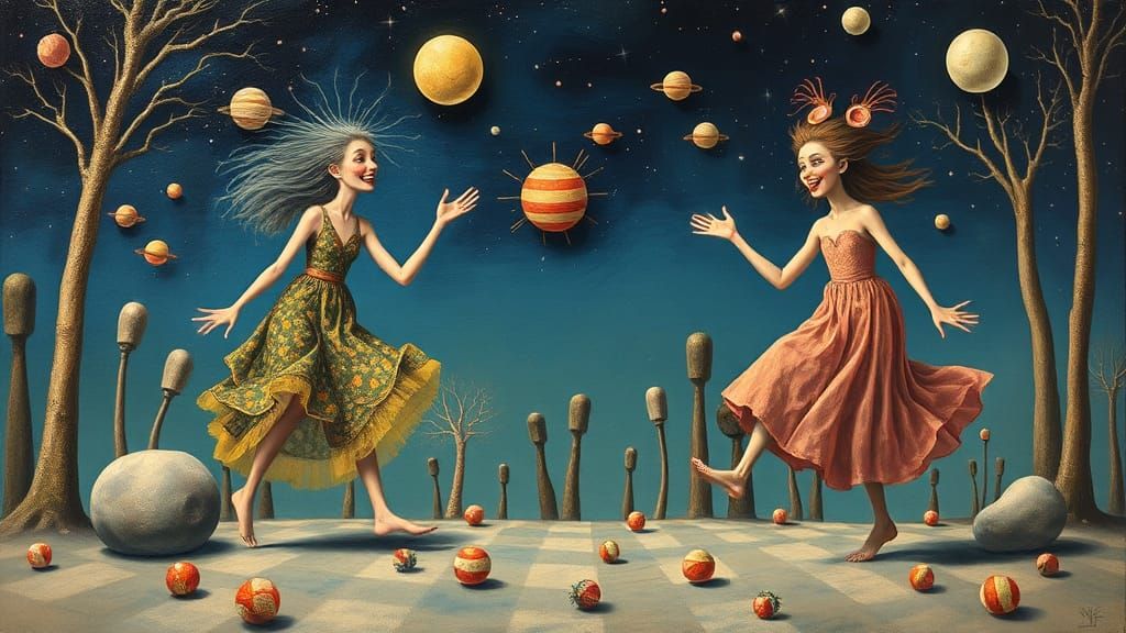 Figures Laughing in Space: Surreal Oil Painting