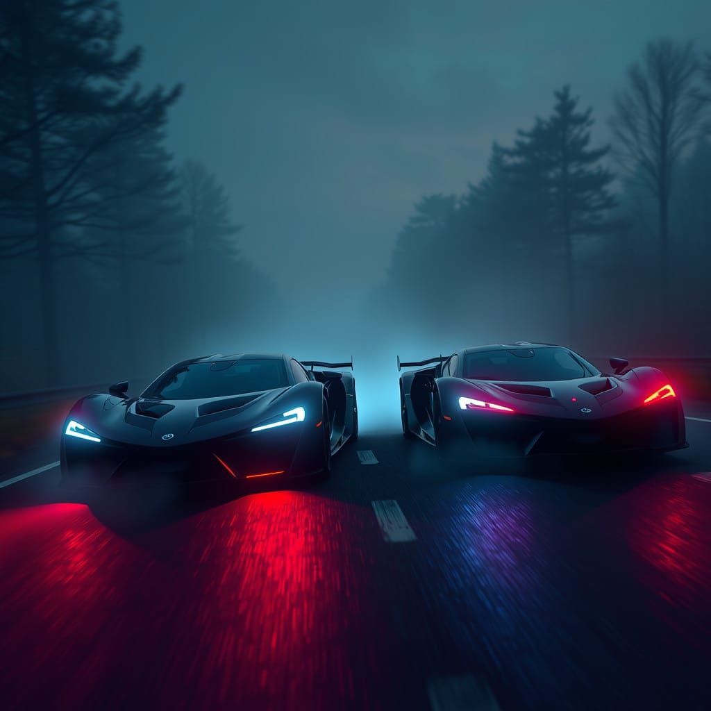 Hyper-Realistic Hypercars Chase into Futuristic Night