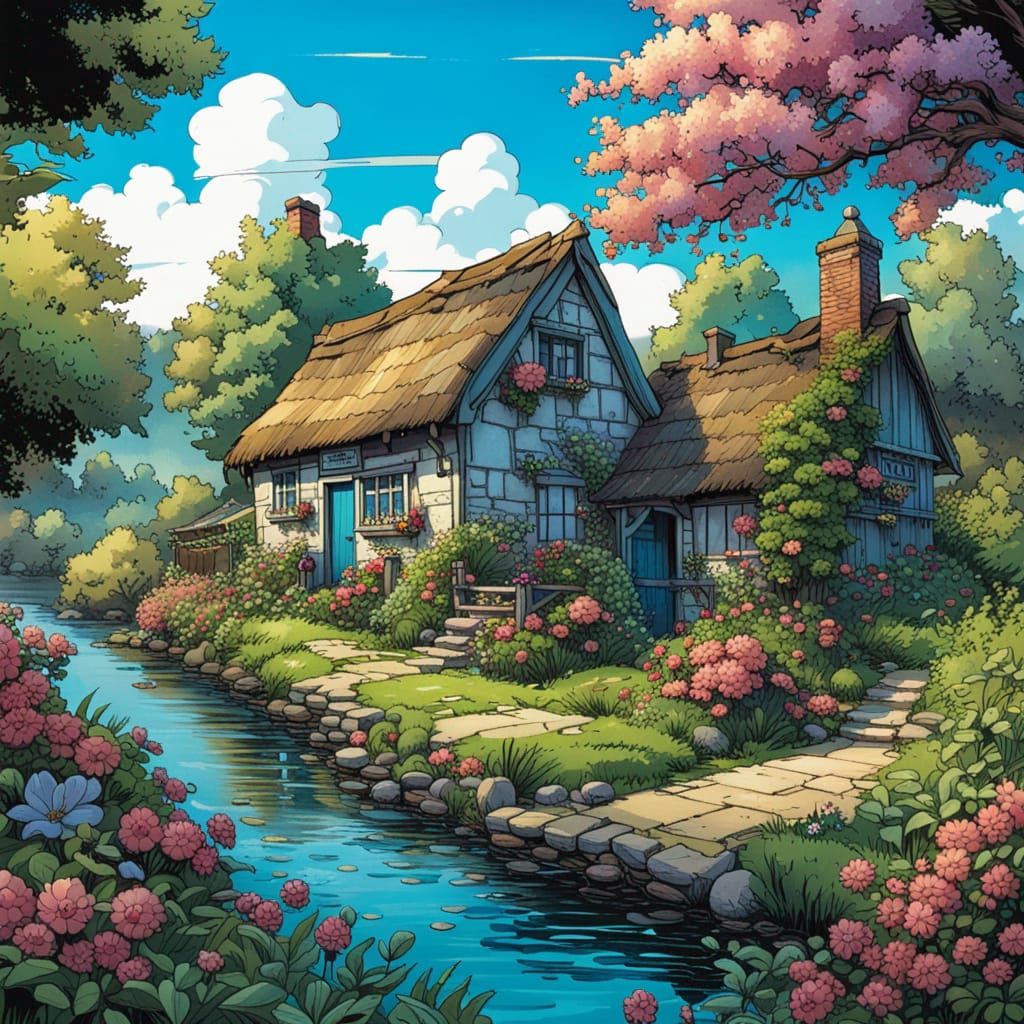 Cottagecore Village Flower Garden in Comic Book Art