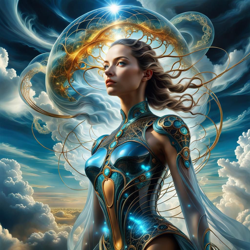 Neural Woman in Clouds: Surreal Baroque Painting