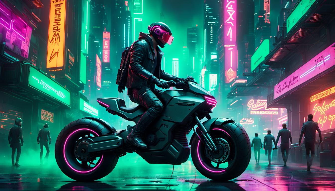 Cybermonkeys on Hover-bikes in Emerald-Neon Cityscape
