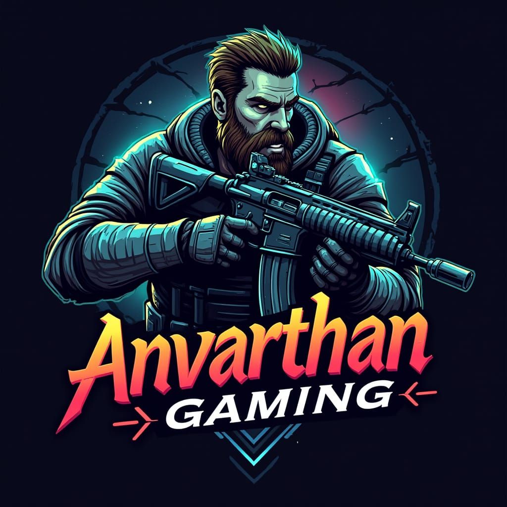 Cyberpunk Gaming Logo with Bearded Warrior in Tactical Gear