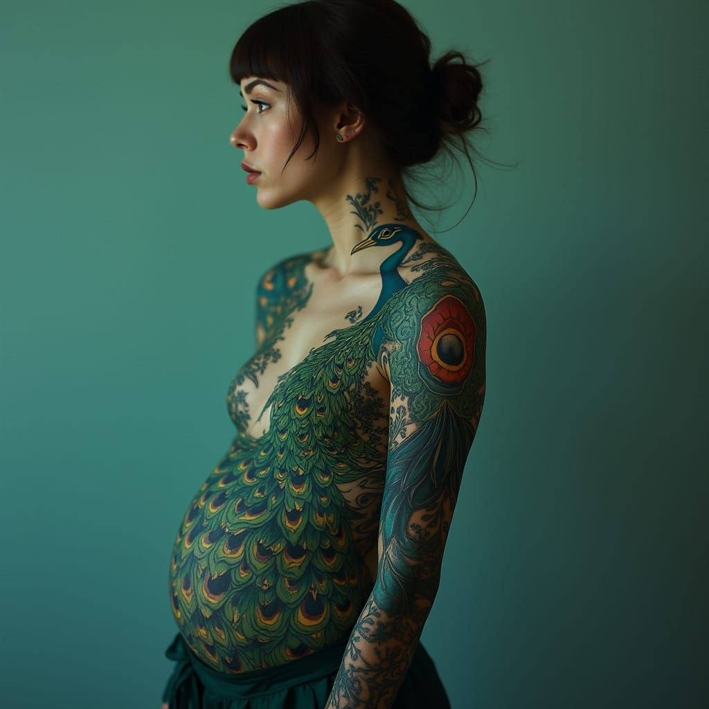 Artistic Woman with Vibrant Peacock Tattoo in Klimt Style
