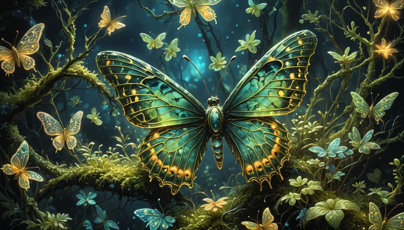 Bioluminescent Moss Butterfly in the Dark, Glowing Particles