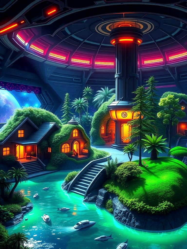 Futuristic Spaceship Colony with Glowing Forest Island