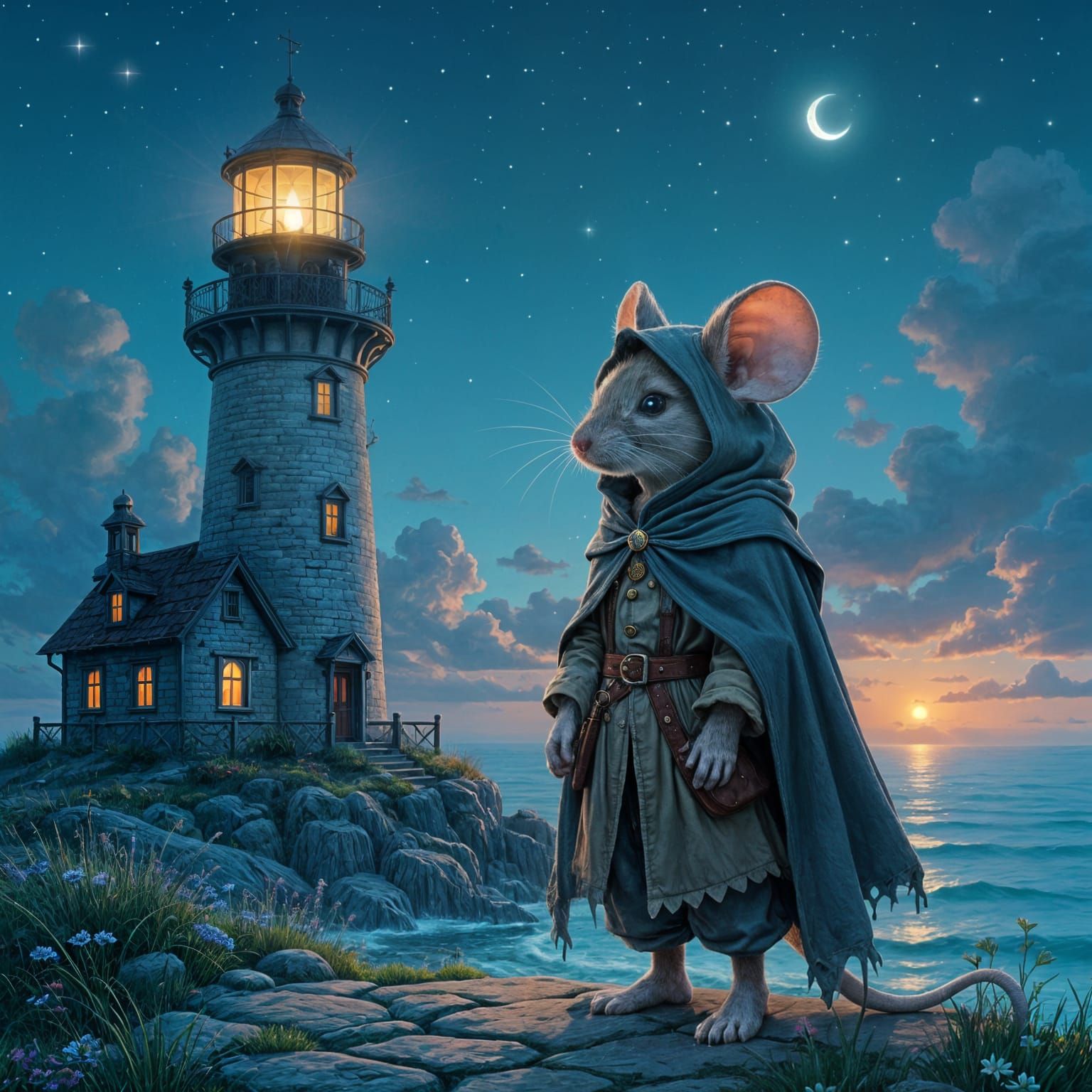 Anthropomorphic Mouse at Lighthouse, Ethereal Fantasy Style