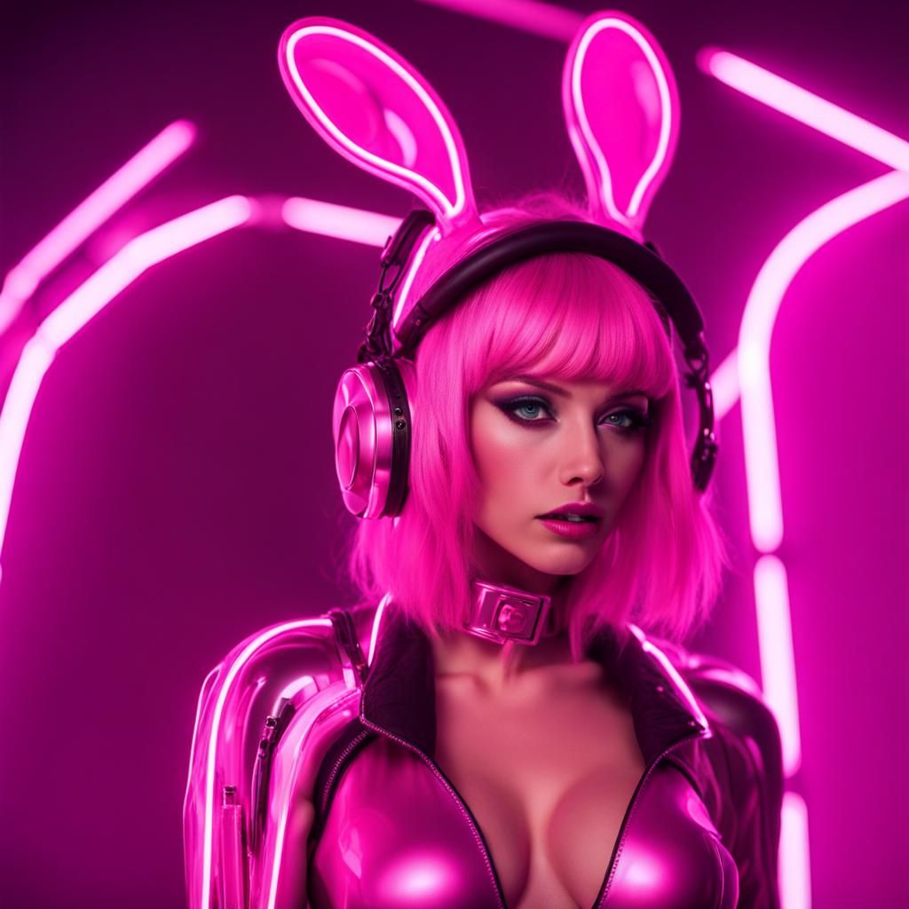 Pink Cyber Bunny in Neon Vaporwave Wonderland