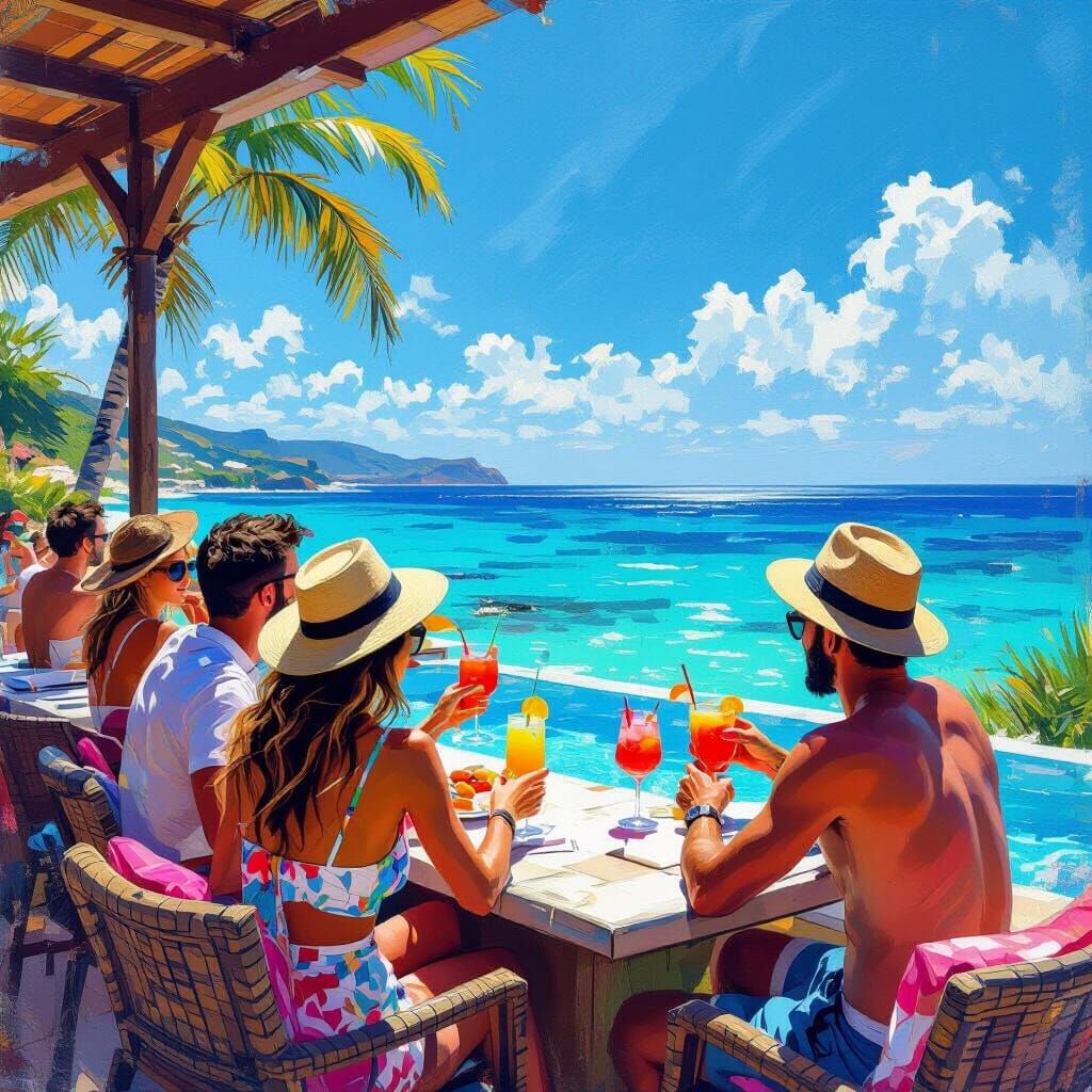 Summer Poolside Gathering in Impressionistic Style