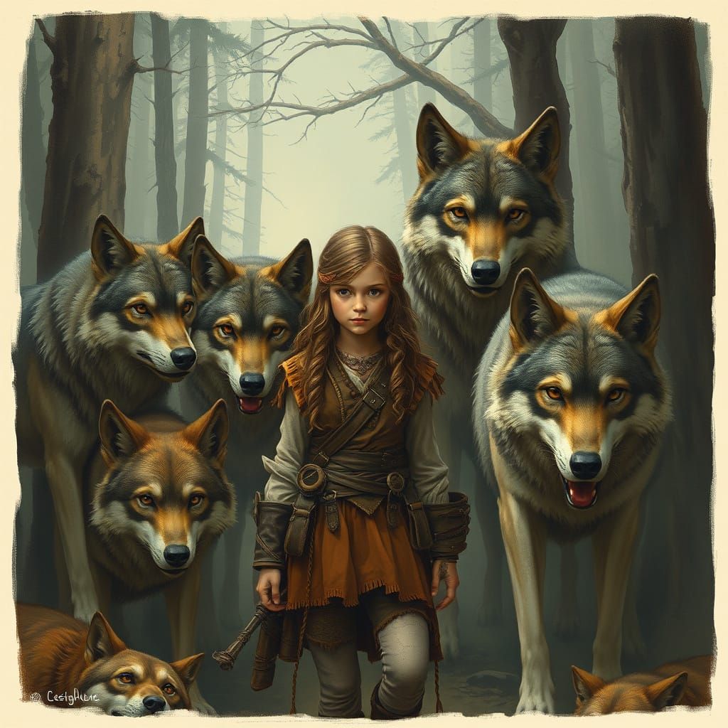 Girl with Wolves in Misty Forest, Fantasy Art