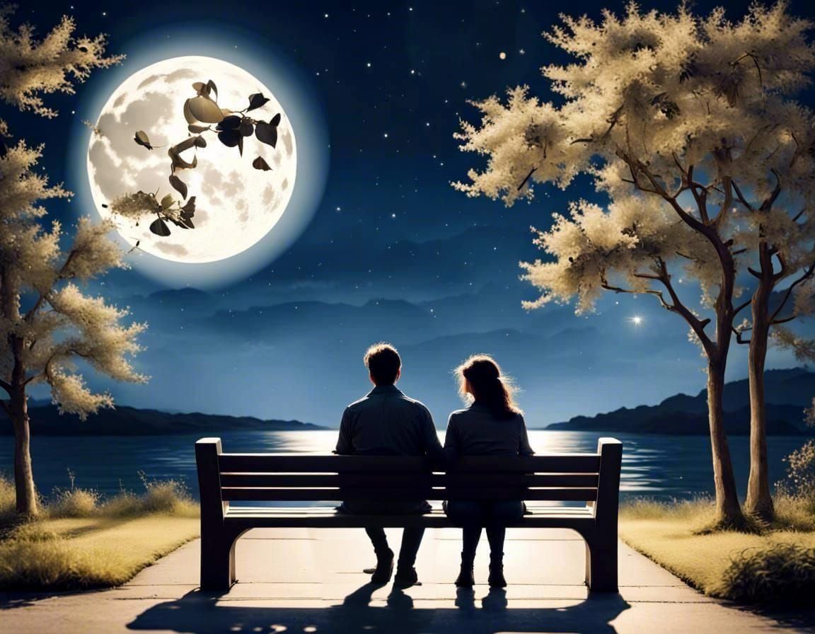 Romantic Couple Under Moonlight Landscape