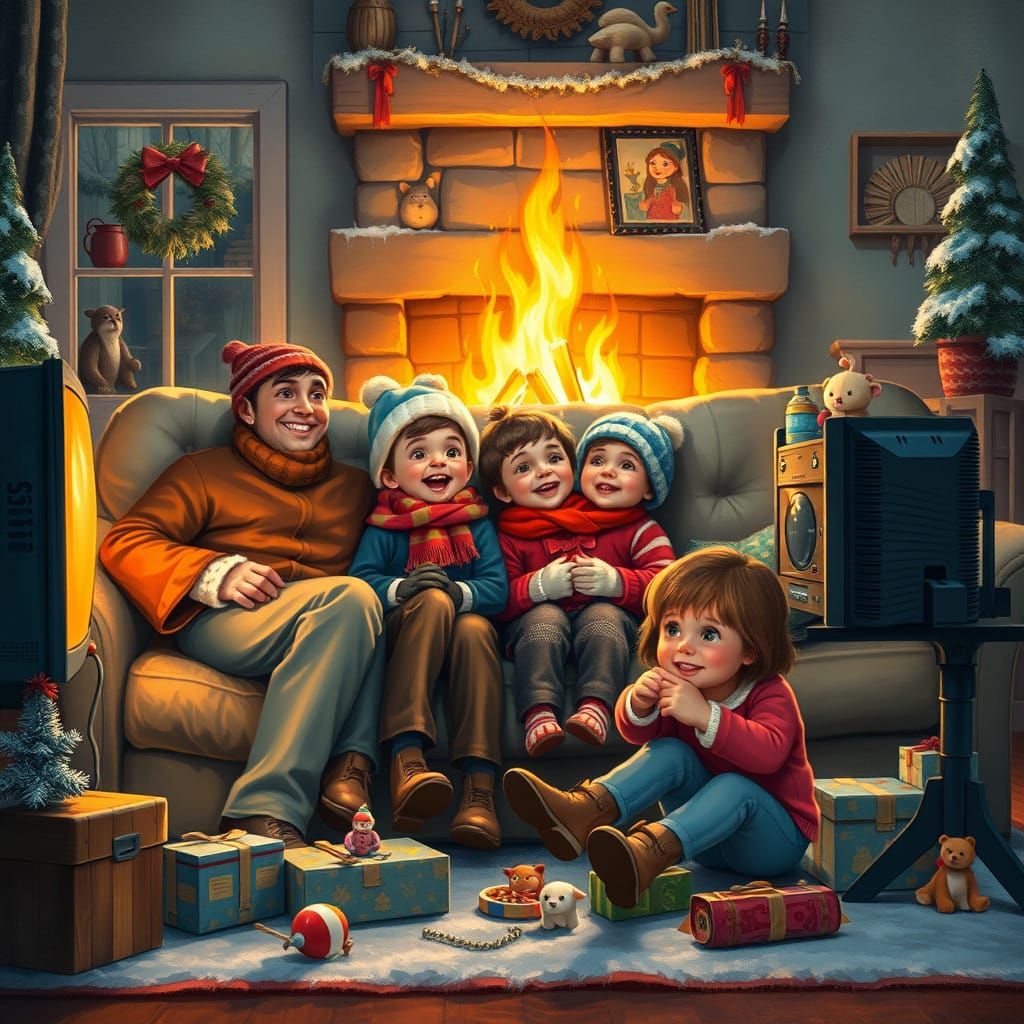 Cozy Family Night by Bonfire, Rockwell Style