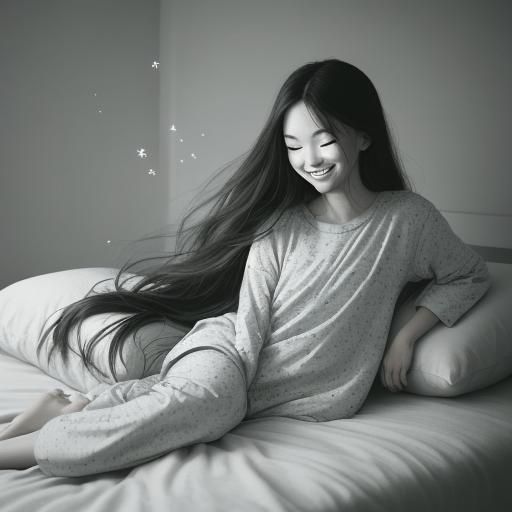 a little girl with long hair in pajamas jumps on the bed and...