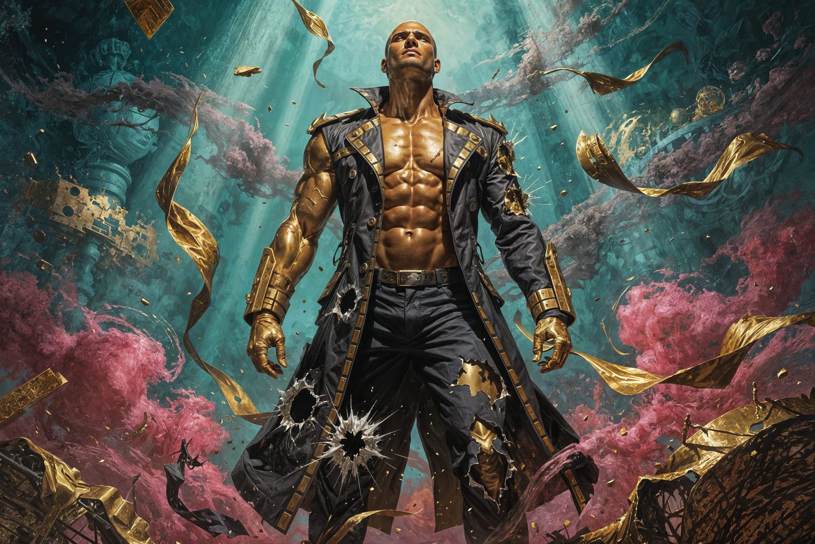 Golden Bronze Man in Trench Coat with Shotgun Blast Holes