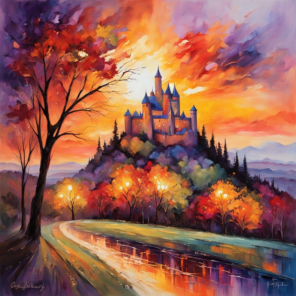 Majestic Castle Sunset in Impasto Style