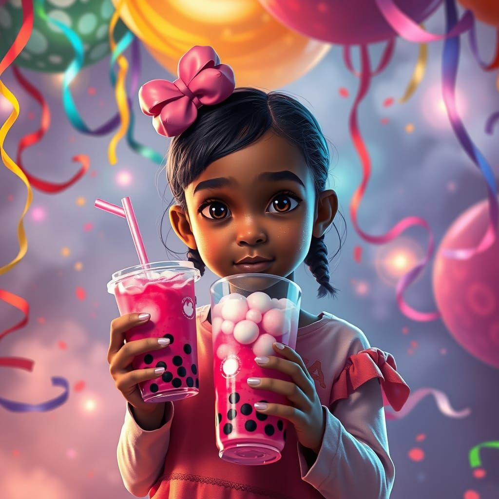 Fantastical Bubble Tea Girl in Whimsical Dreamlike Scene