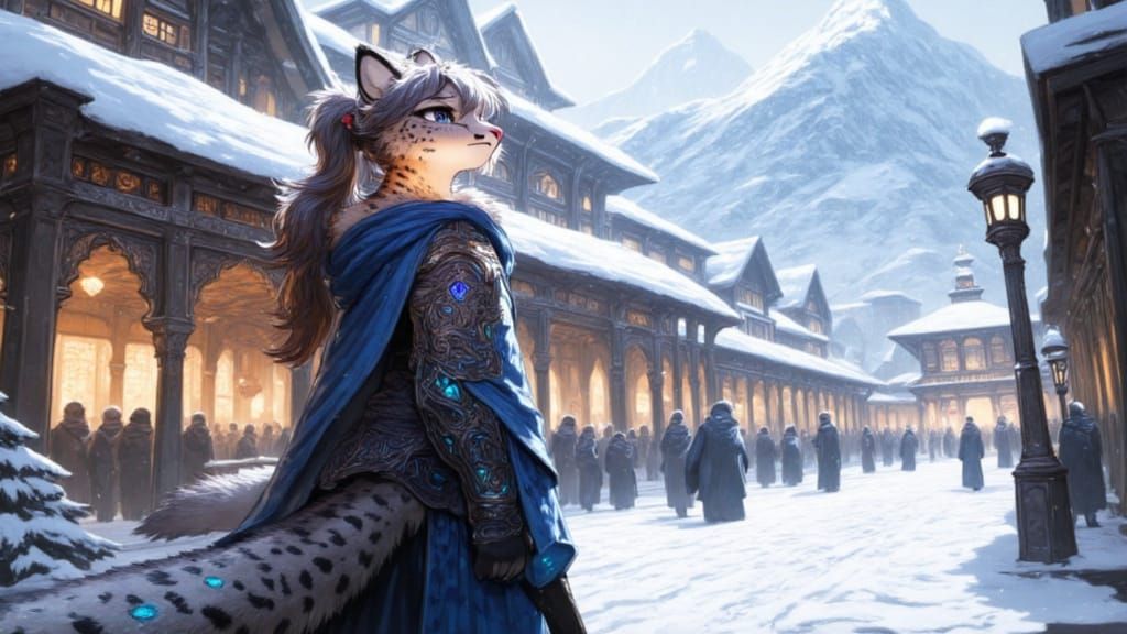 Winter Furry Snow Leopard in Vibrant Mosaic Headdress