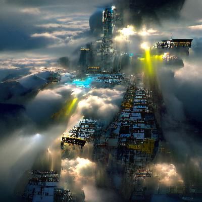 Cyberpunk City in Clouds with God Ray Lighting