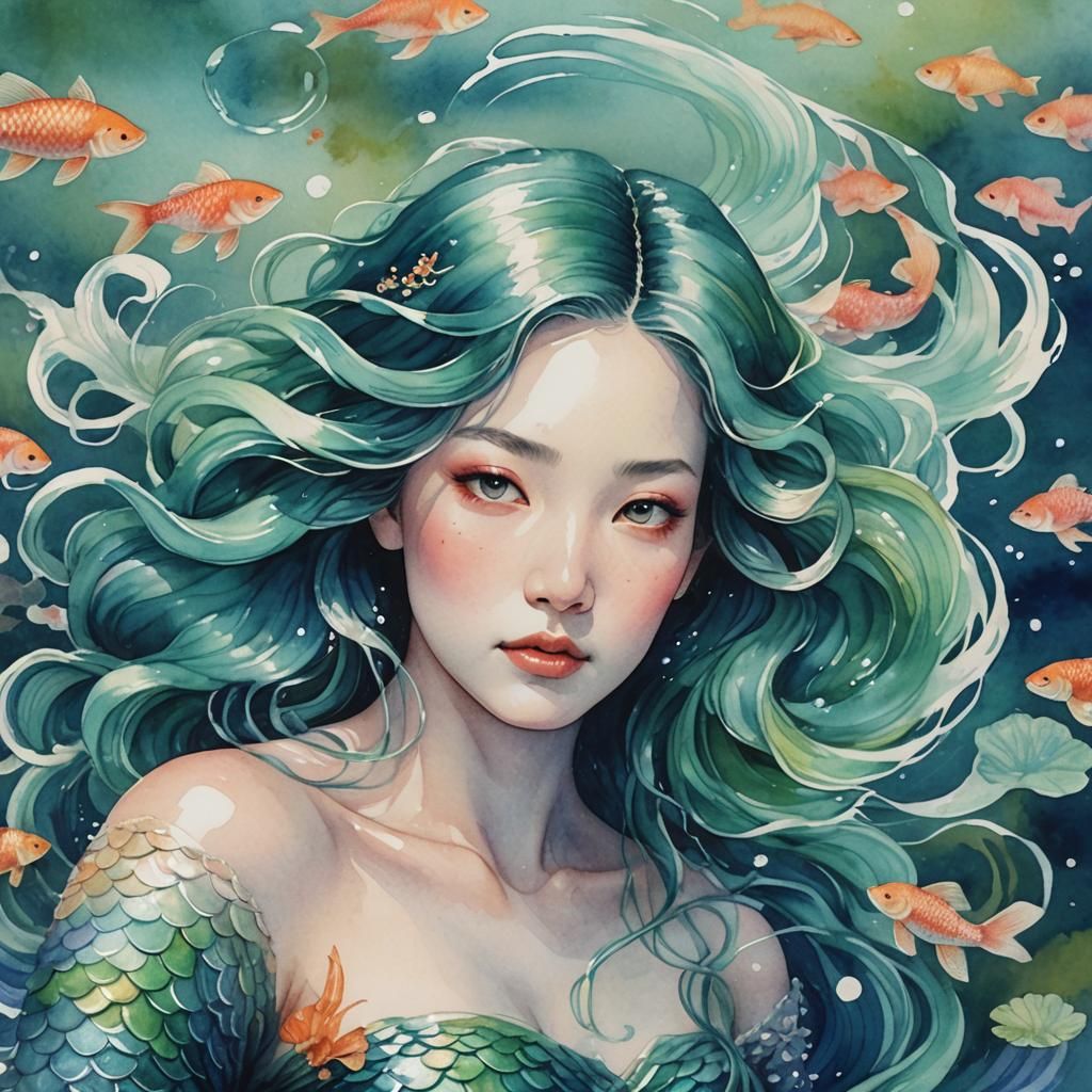 Underwater Mermaid in Pond, as Ukiyo-e Watercolor