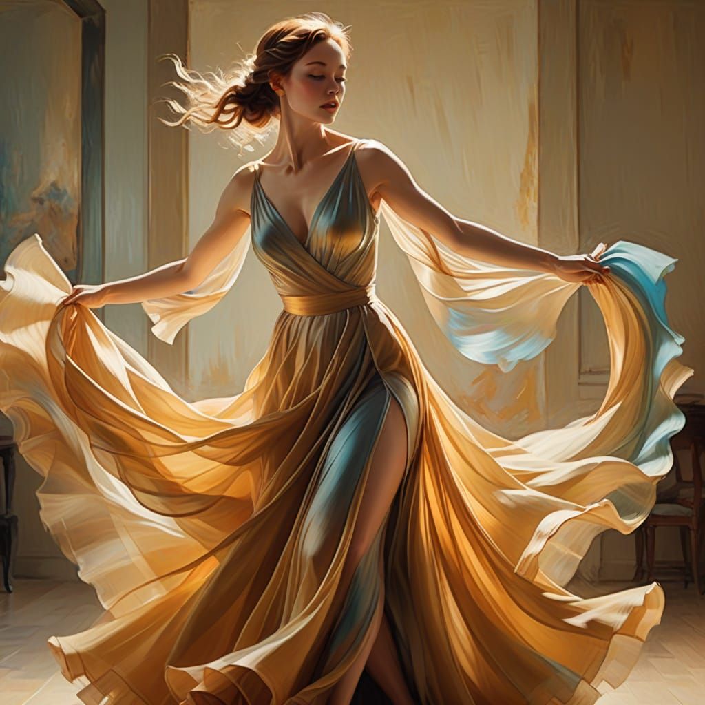 Surreal Dance of a Woman in a Flowing Light Wave Gown