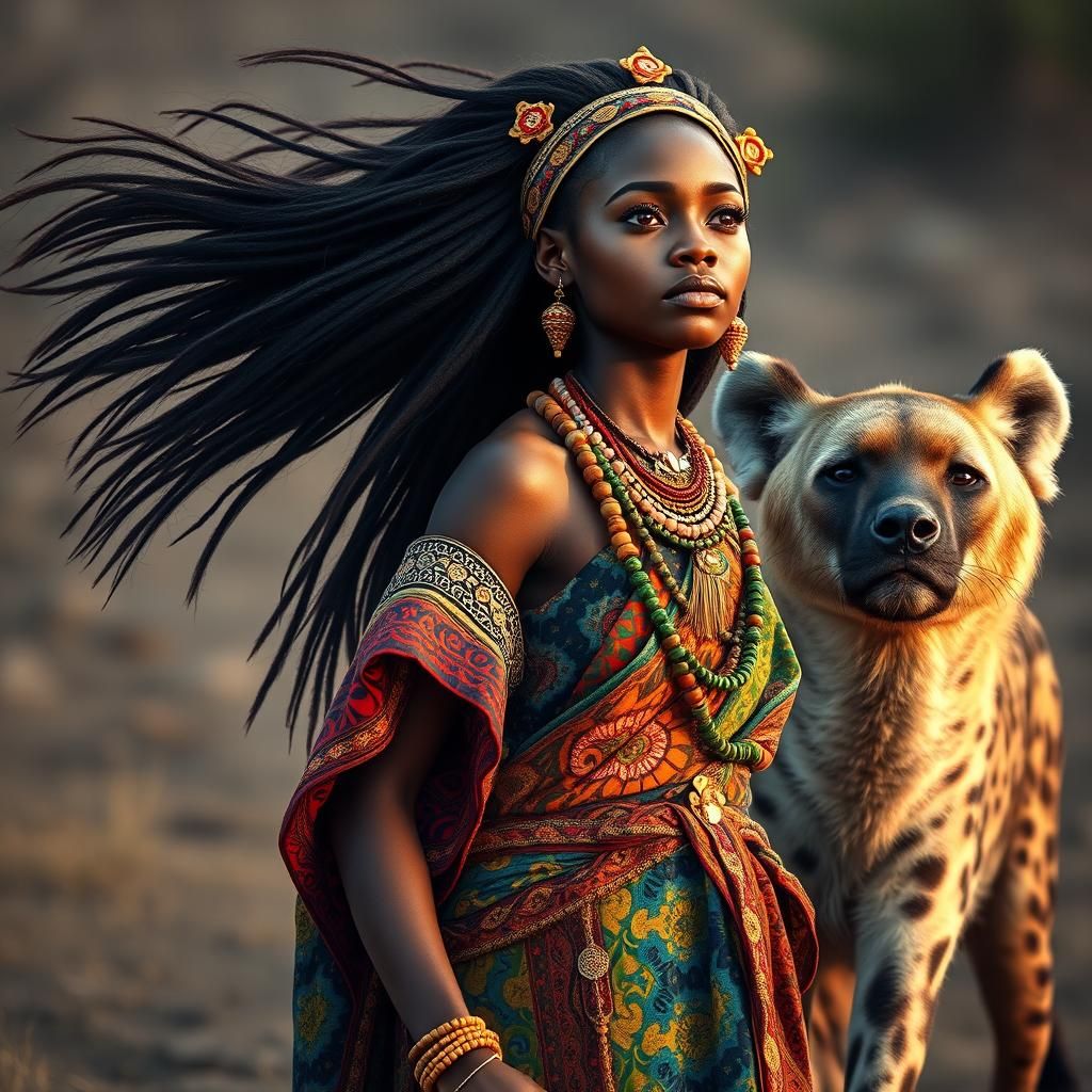 African Woman Leads Hyena in Photorealistic Style