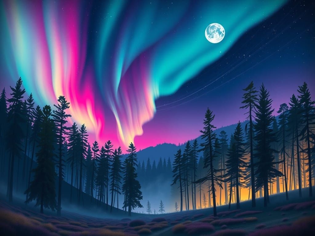 Ethereal Forest Aurora Borealis in Iridescent Colors