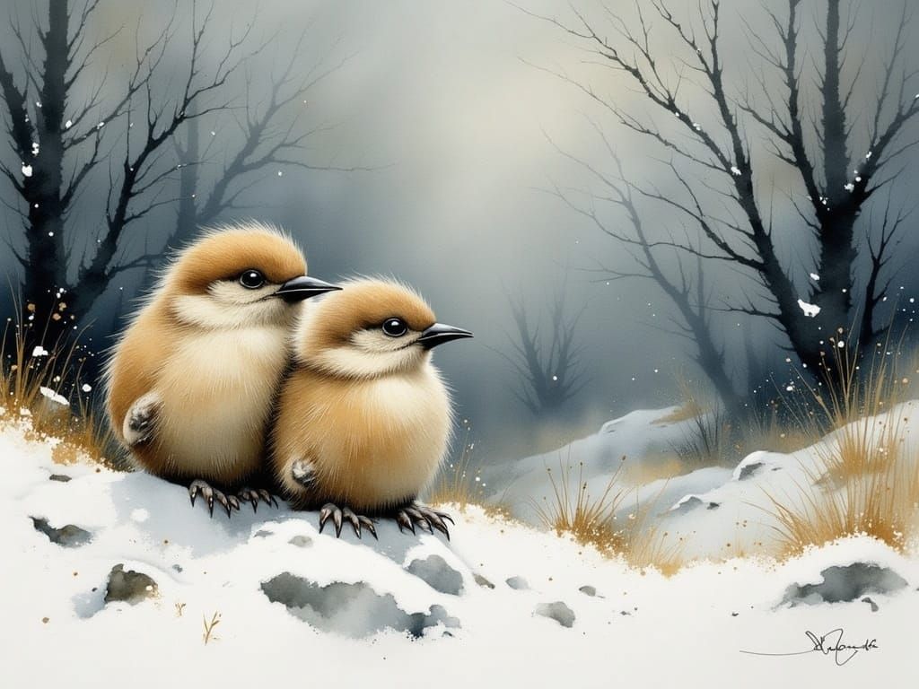 Winter Birds in Watercolor Style