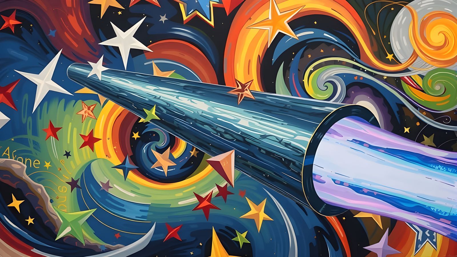 Sleek Mirror Cylinder in Cosmic Paint Vortex