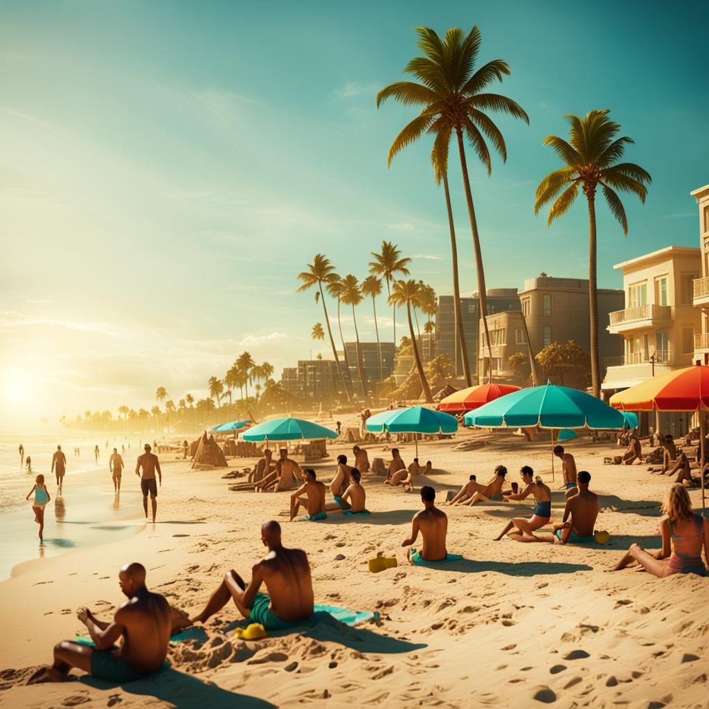 Vibrant Beach Scene with Warm Golden Light and Palm Trees