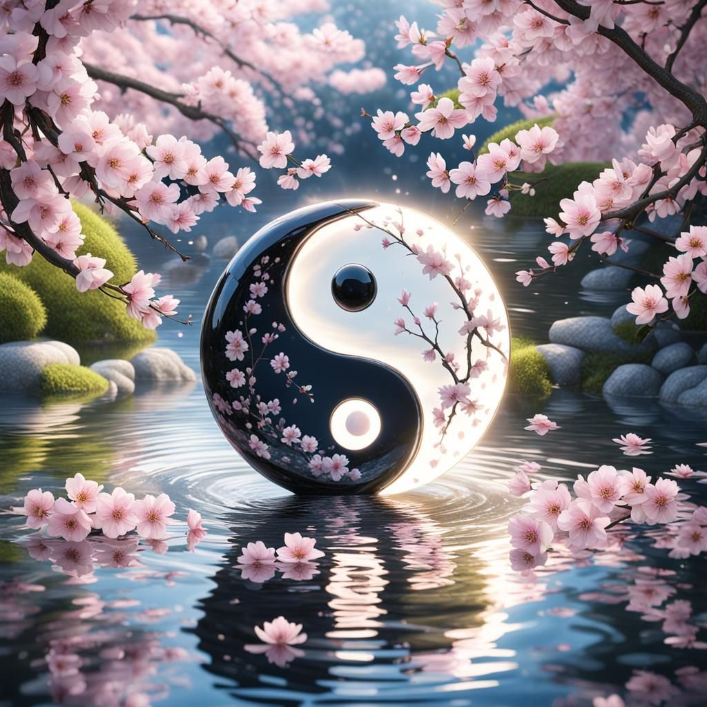 Yin Yang Symbol in Cherry Blossom Pond