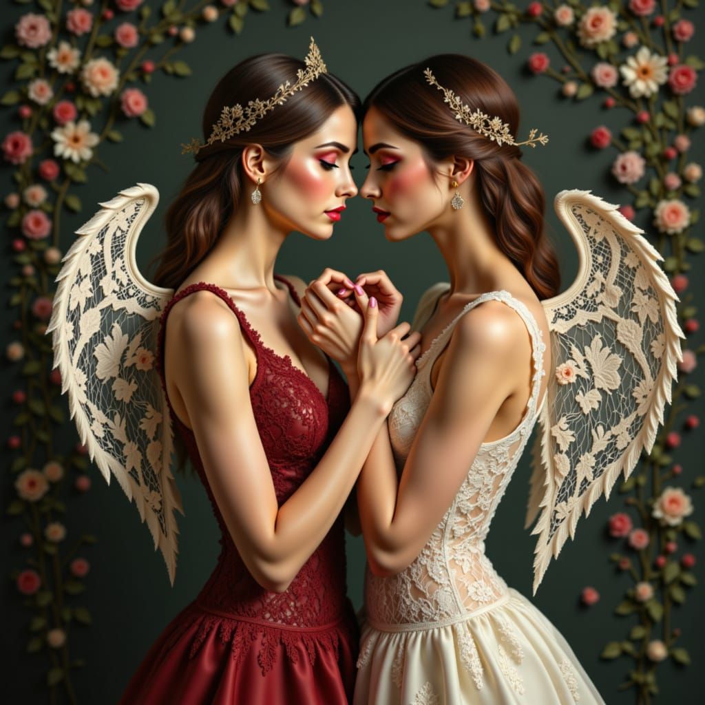 Elegant Maidens Form Heart with Laces and Wings
