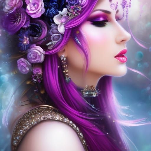 Steampunk Girl with Violet Hair in Rainy City